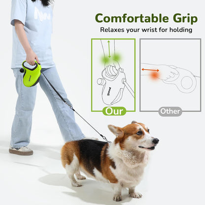 32ft Retractable Dog Leash with Reflective Strips, 360° Tangle-Free, One-Button Control & Sturdiness Nylon Material, Long Leash Retractable with Poop Bag Holder for Medium Large Dog