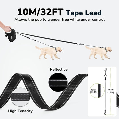 32ft Retractable Dog Leash with Reflective Strips, 360° Tangle-Free, One-Button Control & Sturdiness Nylon Material, Long Leash Retractable with Poop Bag Holder for Medium Large Dog