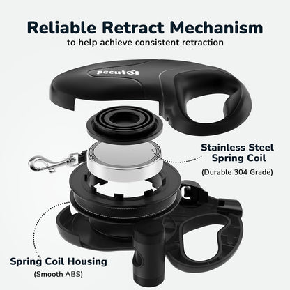 32ft Retractable Dog Leash with Reflective Strips, 360° Tangle-Free, One-Button Control & Sturdiness Nylon Material, Long Leash Retractable with Poop Bag Holder for Medium Large Dog