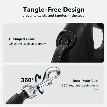 32ft Retractable Dog Leash with Reflective Strips, 360° Tangle-Free, One-Button Control & Sturdiness Nylon Material, Long Leash Retractable with Poop Bag Holder for Medium Large Dog