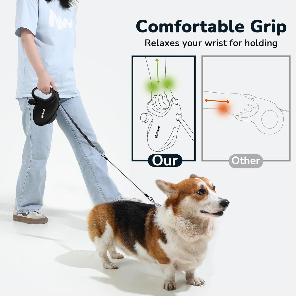 32ft Retractable Dog Leash with Reflective Strips, 360° Tangle-Free, One-Button Control & Sturdiness Nylon Material, Long Leash Retractable with Poop Bag Holder for Medium Large Dog