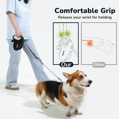 32ft Retractable Dog Leash with Reflective Strips, 360° Tangle-Free, One-Button Control & Sturdiness Nylon Material, Long Leash Retractable with Poop Bag Holder for Medium Large Dog