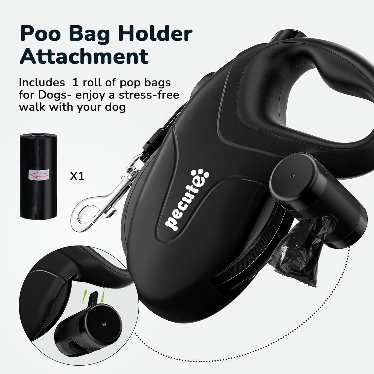 32ft Retractable Dog Leash with Reflective Strips, 360° Tangle-Free, One-Button Control & Sturdiness Nylon Material, Long Leash Retractable with Poop Bag Holder for Medium Large Dog