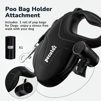 32ft Retractable Dog Leash with Reflective Strips, 360° Tangle-Free, One-Button Control & Sturdiness Nylon Material, Long Leash Retractable with Poop Bag Holder for Medium Large Dog