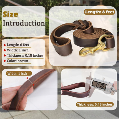 Leather Dog Leash 6ft x 3/4 inch, Heavy Duty, Soft and Strong for Large, Medium, Small Dogs - Premium Leather Leash for Dogs