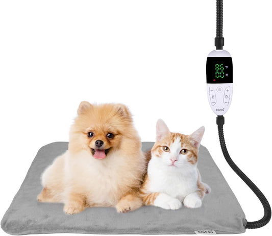 Pet Heating Pad for Cats & Small Dogs with 12 Adjustable Temperature, Waterproof & Chew Resistant Cat Heating Pad with Timer, Heated Cat Bed with Fleecy Cover (S: 20” x 16”)