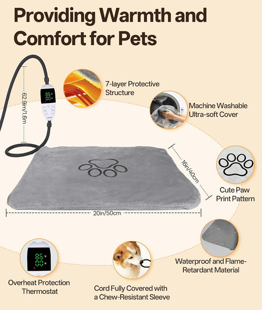 Pet Heating Pad for Cats & Small Dogs with 12 Adjustable Temperature, Waterproof & Chew Resistant Cat Heating Pad with Timer, Heated Cat Bed with Fleecy Cover (S: 20” x 16”)