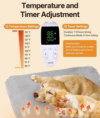 Pet Heating Pad for Cats & Small Dogs with 12 Adjustable Temperature, Waterproof & Chew Resistant Cat Heating Pad with Timer, Heated Cat Bed with Fleecy Cover (S: 20” x 16”)