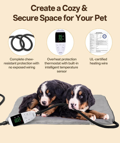 Pet Heating Pad for Cats & Small Dogs with 12 Adjustable Temperature, Waterproof & Chew Resistant Cat Heating Pad with Timer, Heated Cat Bed with Fleecy Cover (S: 20” x 16”)