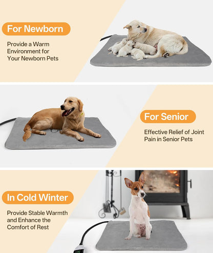 Pet Heating Pad for Cats & Small Dogs with 12 Adjustable Temperature, Waterproof & Chew Resistant Cat Heating Pad with Timer, Heated Cat Bed with Fleecy Cover (S: 20” x 16”)