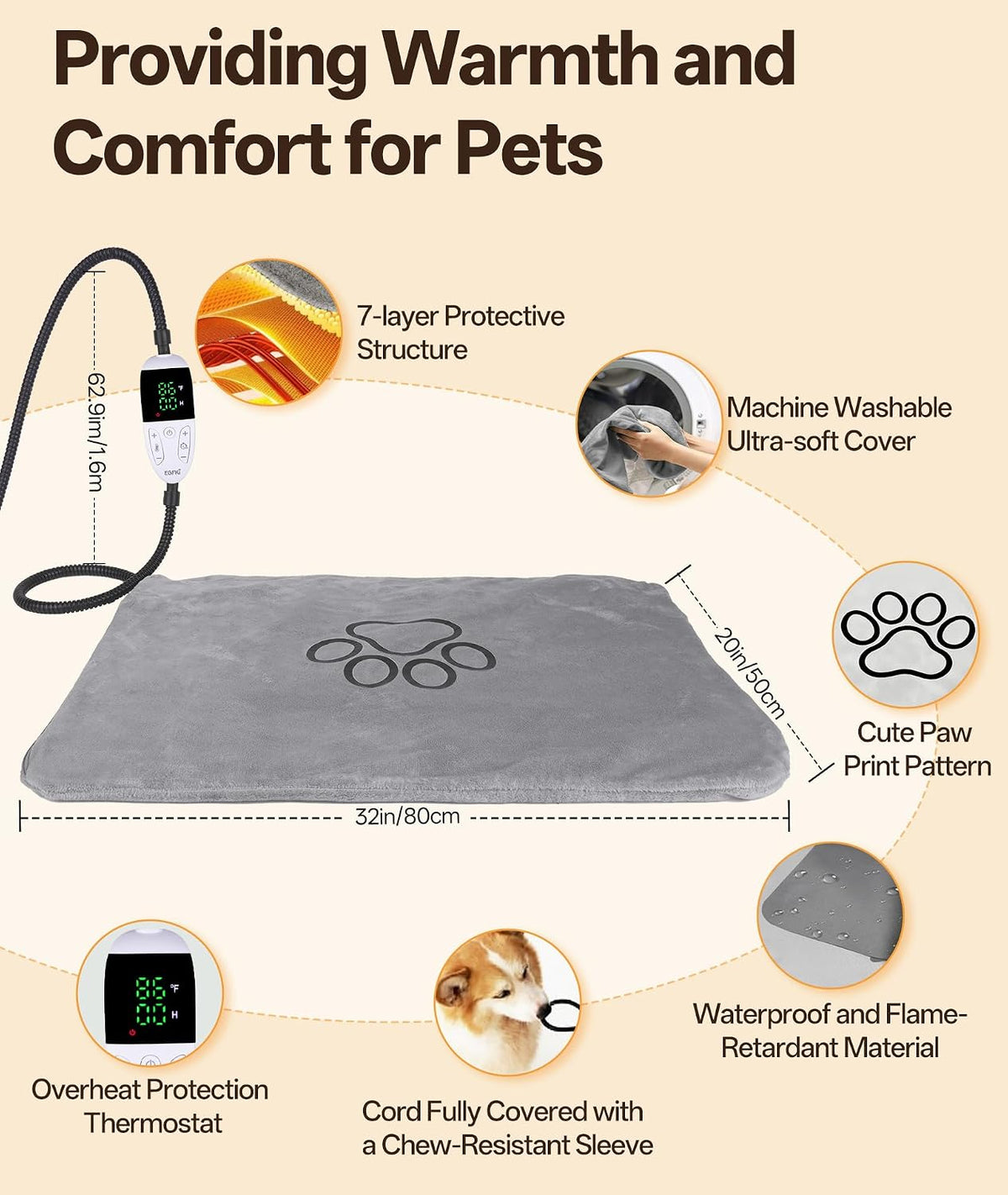 Pet Heating Pad for Cats & Small Dogs with 12 Adjustable Temperature, Waterproof & Chew Resistant Cat Heating Pad with Timer, Heated Cat Bed with Fleecy Cover (S: 20” x 16”)