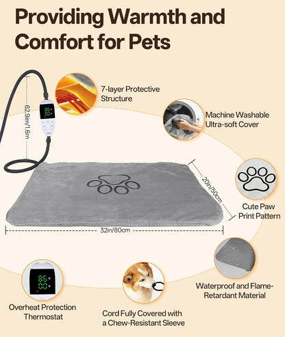 Pet Heating Pad for Cats & Small Dogs with 12 Adjustable Temperature, Waterproof & Chew Resistant Cat Heating Pad with Timer, Heated Cat Bed with Fleecy Cover (S: 20” x 16”)