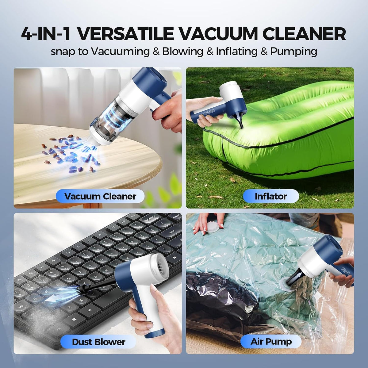 Car Vacuum/Air Duster Portable Cordless - 16000PA High Power Handheld Vacuum with 85,000RPM Brushless Motor, 4-in-1 Rechargeable Mini Vacuum & Blower & Pump for Car Detailing, Home, Office, Pet Hair
