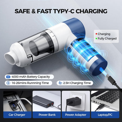 Car Vacuum/Air Duster Portable Cordless - 16000PA High Power Handheld Vacuum with 85,000RPM Brushless Motor, 4-in-1 Rechargeable Mini Vacuum & Blower & Pump for Car Detailing, Home, Office, Pet Hair