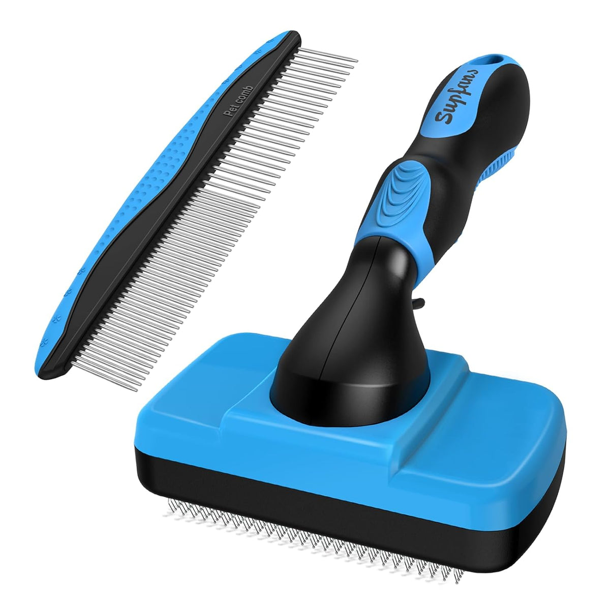 2PCS Self Cleaning Slicker Brush & Dog Comb - Skin Friendly Deshedding Grooming Tool for Dogs, Cats and Small Animals, Professional Deshedding Dematting Tool for Long and Short Haired Pets (Blue)