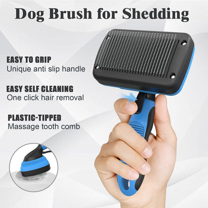 2PCS Self Cleaning Slicker Brush & Dog Comb - Skin Friendly Deshedding Grooming Tool for Dogs, Cats and Small Animals, Professional Deshedding Dematting Tool for Long and Short Haired Pets (Blue)