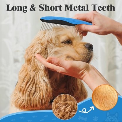 2PCS Self Cleaning Slicker Brush & Dog Comb - Skin Friendly Deshedding Grooming Tool for Dogs, Cats and Small Animals, Professional Deshedding Dematting Tool for Long and Short Haired Pets (Blue)