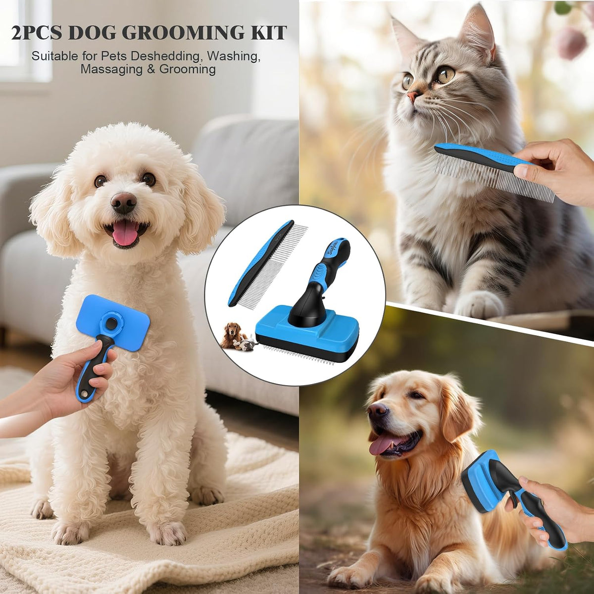 2PCS Self Cleaning Slicker Brush & Dog Comb - Skin Friendly Deshedding Grooming Tool for Dogs, Cats and Small Animals, Professional Deshedding Dematting Tool for Long and Short Haired Pets (Blue)