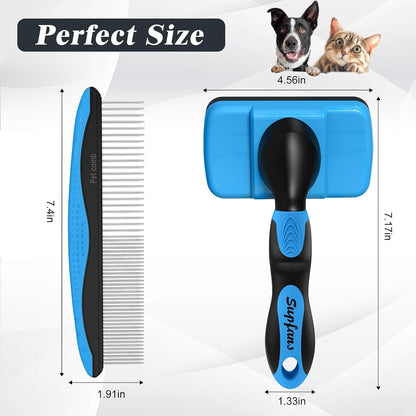 2PCS Self Cleaning Slicker Brush & Dog Comb - Skin Friendly Deshedding Grooming Tool for Dogs, Cats and Small Animals, Professional Deshedding Dematting Tool for Long and Short Haired Pets (Blue)