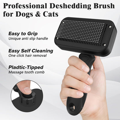 2PCS Self Cleaning Slicker Brush & Dog Comb - Skin Friendly Deshedding Grooming Tool for Dogs, Cats and Small Animals, Professional Deshedding Dematting Tool for Long and Short Haired Pets (Blue)