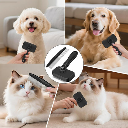 2PCS Self Cleaning Slicker Brush & Dog Comb - Skin Friendly Deshedding Grooming Tool for Dogs, Cats and Small Animals, Professional Deshedding Dematting Tool for Long and Short Haired Pets (Blue)