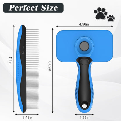 2PCS Self Cleaning Slicker Brush & Dog Comb - Skin Friendly Deshedding Grooming Tool for Dogs, Cats and Small Animals, Professional Deshedding Dematting Tool for Long and Short Haired Pets (Blue)