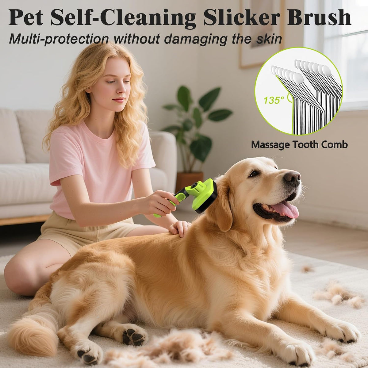 2PCS Self Cleaning Slicker Brush & Dog Comb - Skin Friendly Deshedding Grooming Tool for Dogs, Cats and Small Animals, Professional Deshedding Dematting Tool for Long and Short Haired Pets (Blue)