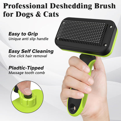 2PCS Self Cleaning Slicker Brush & Dog Comb - Skin Friendly Deshedding Grooming Tool for Dogs, Cats and Small Animals, Professional Deshedding Dematting Tool for Long and Short Haired Pets (Blue)