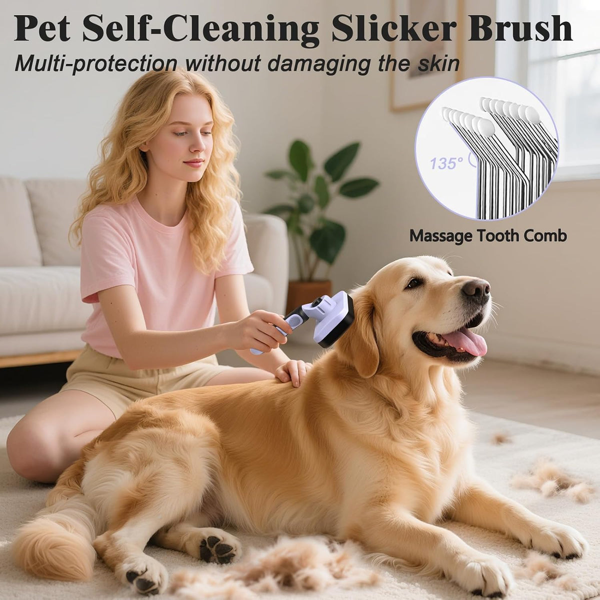 2PCS Self Cleaning Slicker Brush & Dog Comb - Skin Friendly Deshedding Grooming Tool for Dogs, Cats and Small Animals, Professional Deshedding Dematting Tool for Long and Short Haired Pets (Blue)