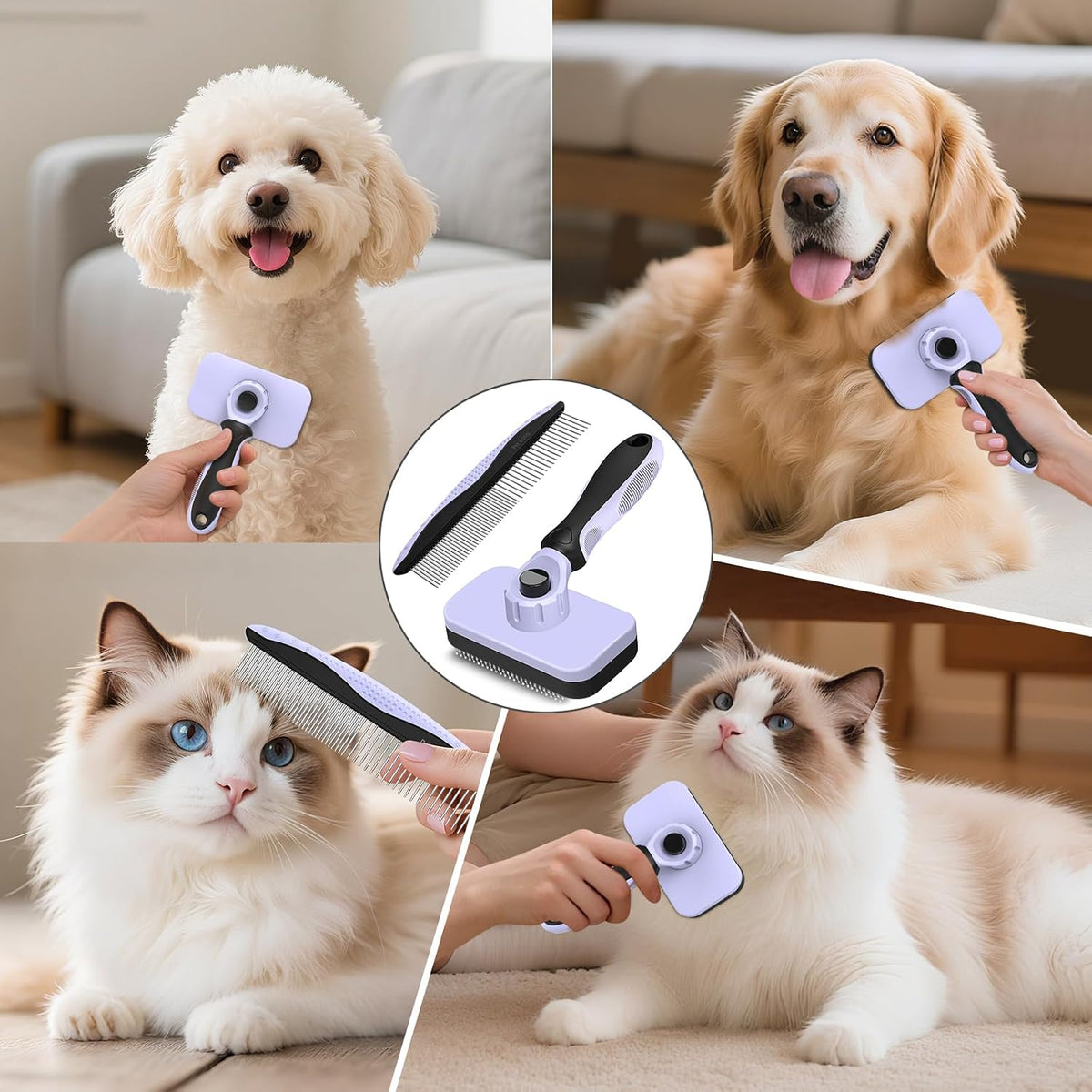 2PCS Self Cleaning Slicker Brush & Dog Comb - Skin Friendly Deshedding Grooming Tool for Dogs, Cats and Small Animals, Professional Deshedding Dematting Tool for Long and Short Haired Pets (Blue)