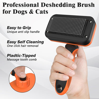 2PCS Self Cleaning Slicker Brush & Dog Comb - Skin Friendly Deshedding Grooming Tool for Dogs, Cats and Small Animals, Professional Deshedding Dematting Tool for Long and Short Haired Pets (Blue)