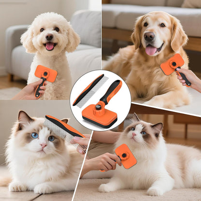 2PCS Self Cleaning Slicker Brush & Dog Comb - Skin Friendly Deshedding Grooming Tool for Dogs, Cats and Small Animals, Professional Deshedding Dematting Tool for Long and Short Haired Pets (Blue)