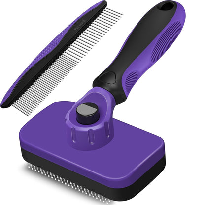 2PCS Self Cleaning Slicker Brush & Dog Comb - Skin Friendly Deshedding Grooming Tool for Dogs, Cats and Small Animals, Professional Deshedding Dematting Tool for Long and Short Haired Pets (Blue)