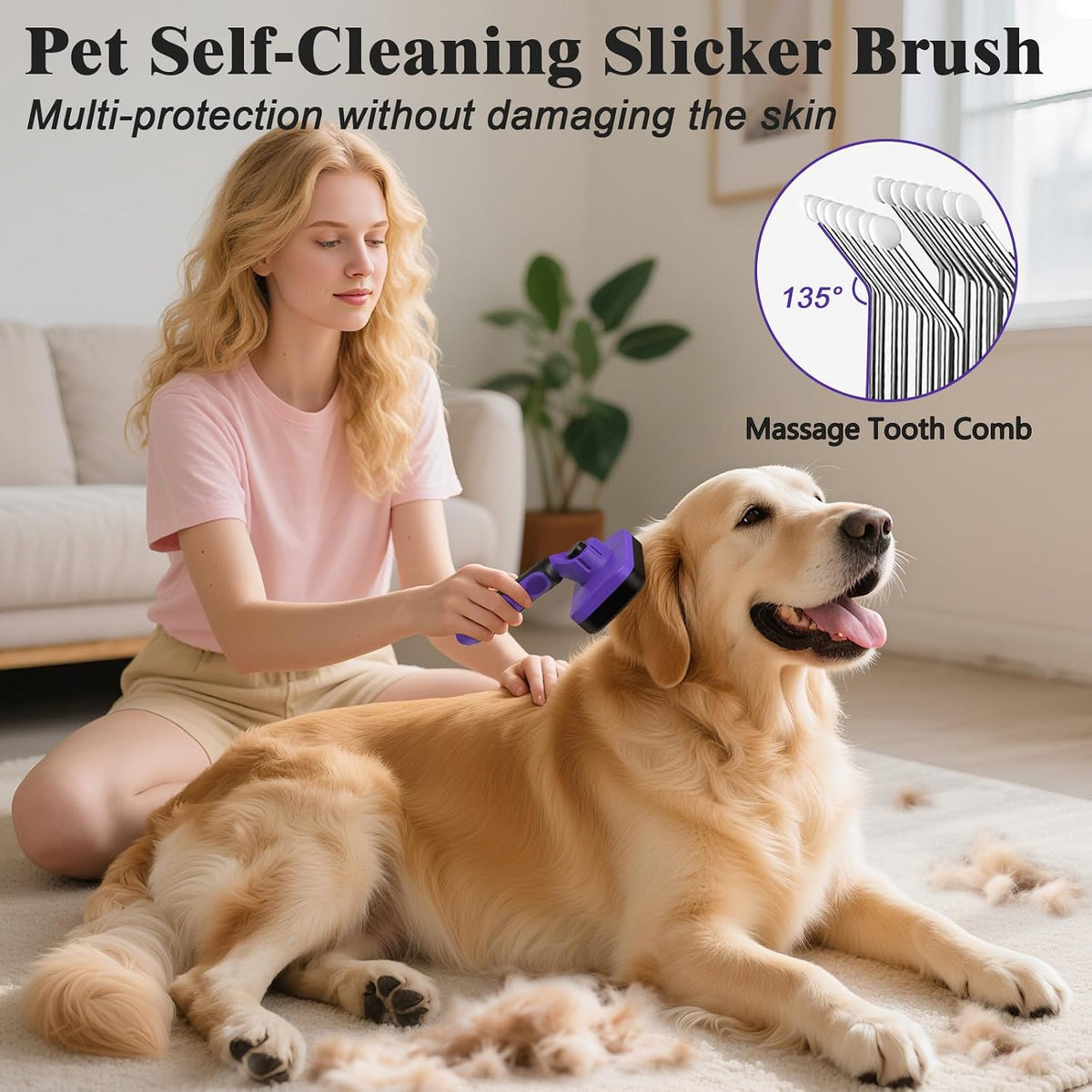 2PCS Self Cleaning Slicker Brush & Dog Comb - Skin Friendly Deshedding Grooming Tool for Dogs, Cats and Small Animals, Professional Deshedding Dematting Tool for Long and Short Haired Pets (Blue)