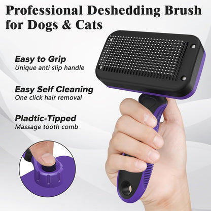 2PCS Self Cleaning Slicker Brush & Dog Comb - Skin Friendly Deshedding Grooming Tool for Dogs, Cats and Small Animals, Professional Deshedding Dematting Tool for Long and Short Haired Pets (Blue)