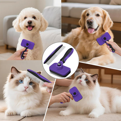 2PCS Self Cleaning Slicker Brush & Dog Comb - Skin Friendly Deshedding Grooming Tool for Dogs, Cats and Small Animals, Professional Deshedding Dematting Tool for Long and Short Haired Pets (Blue)