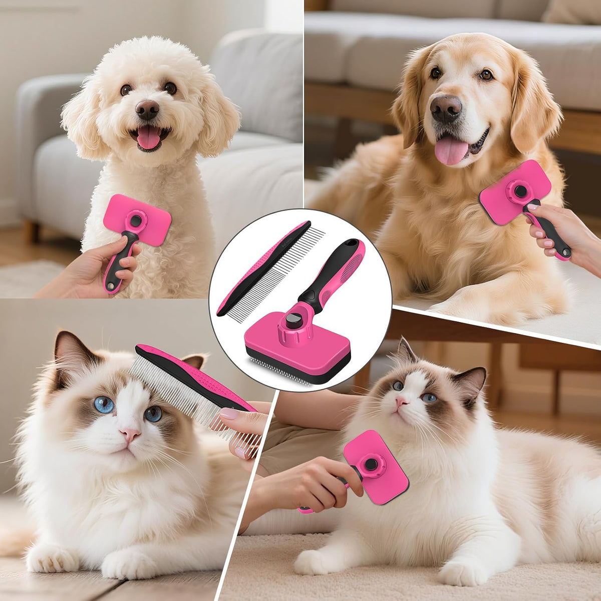 2PCS Self Cleaning Slicker Brush & Dog Comb - Skin Friendly Deshedding Grooming Tool for Dogs, Cats and Small Animals, Professional Deshedding Dematting Tool for Long and Short Haired Pets (Blue)