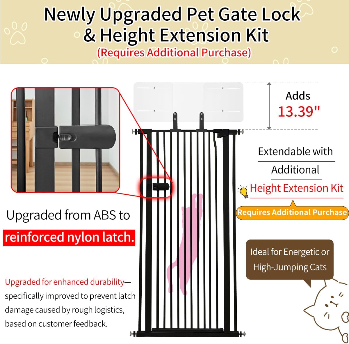 Extra Tall Cat Gate 55.12" High 26.18"-29.91" Wide Pet Gate Black | Dog Gate for Doorway Hallway Stairs Pressure Mounted Extra Wide 1.37" Gap No Drilling Auto-Close One-Handed Operation