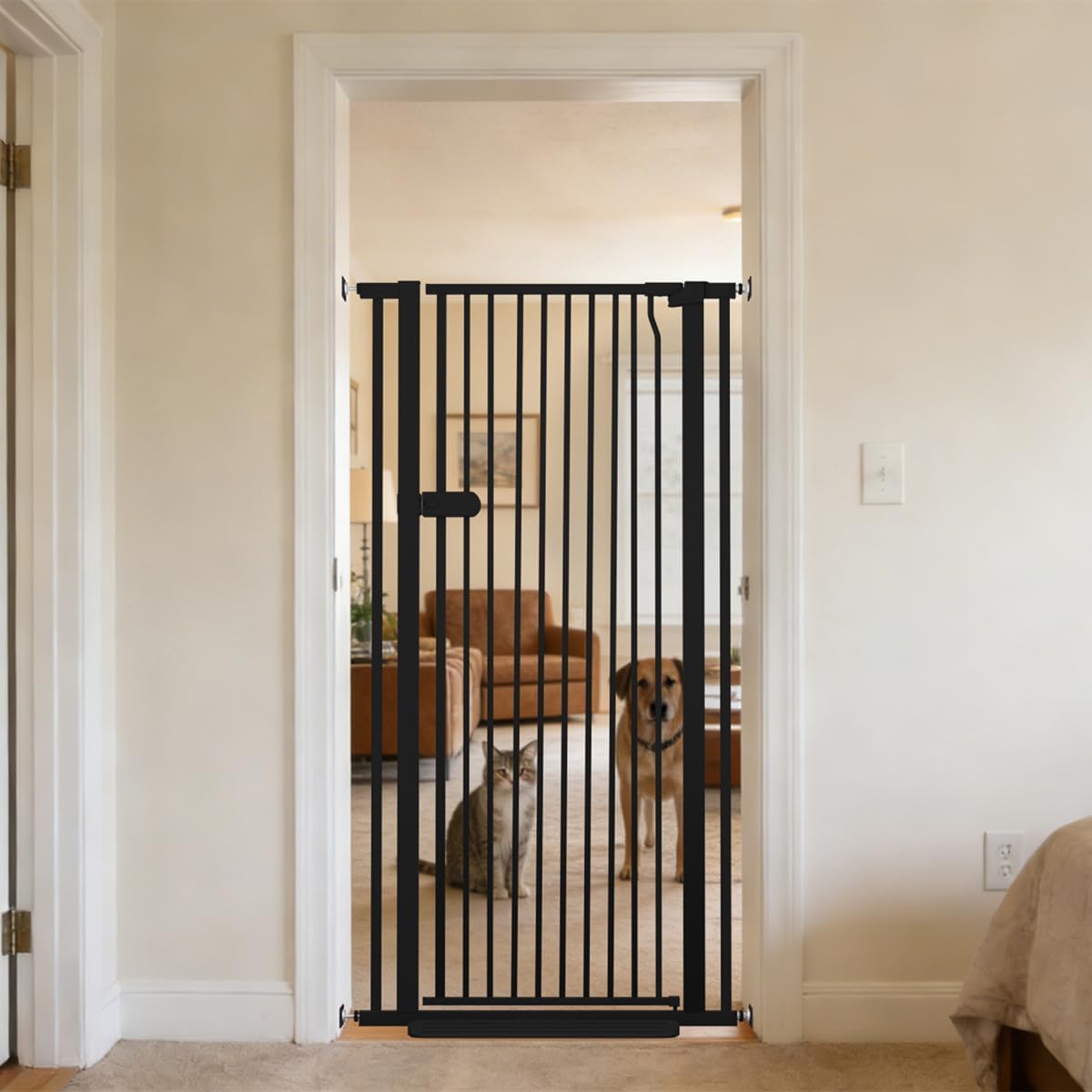 Extra Tall Cat Gate 55.12" High 26.18"-29.91" Wide Pet Gate Black | Dog Gate for Doorway Hallway Stairs Pressure Mounted Extra Wide 1.37" Gap No Drilling Auto-Close One-Handed Operation