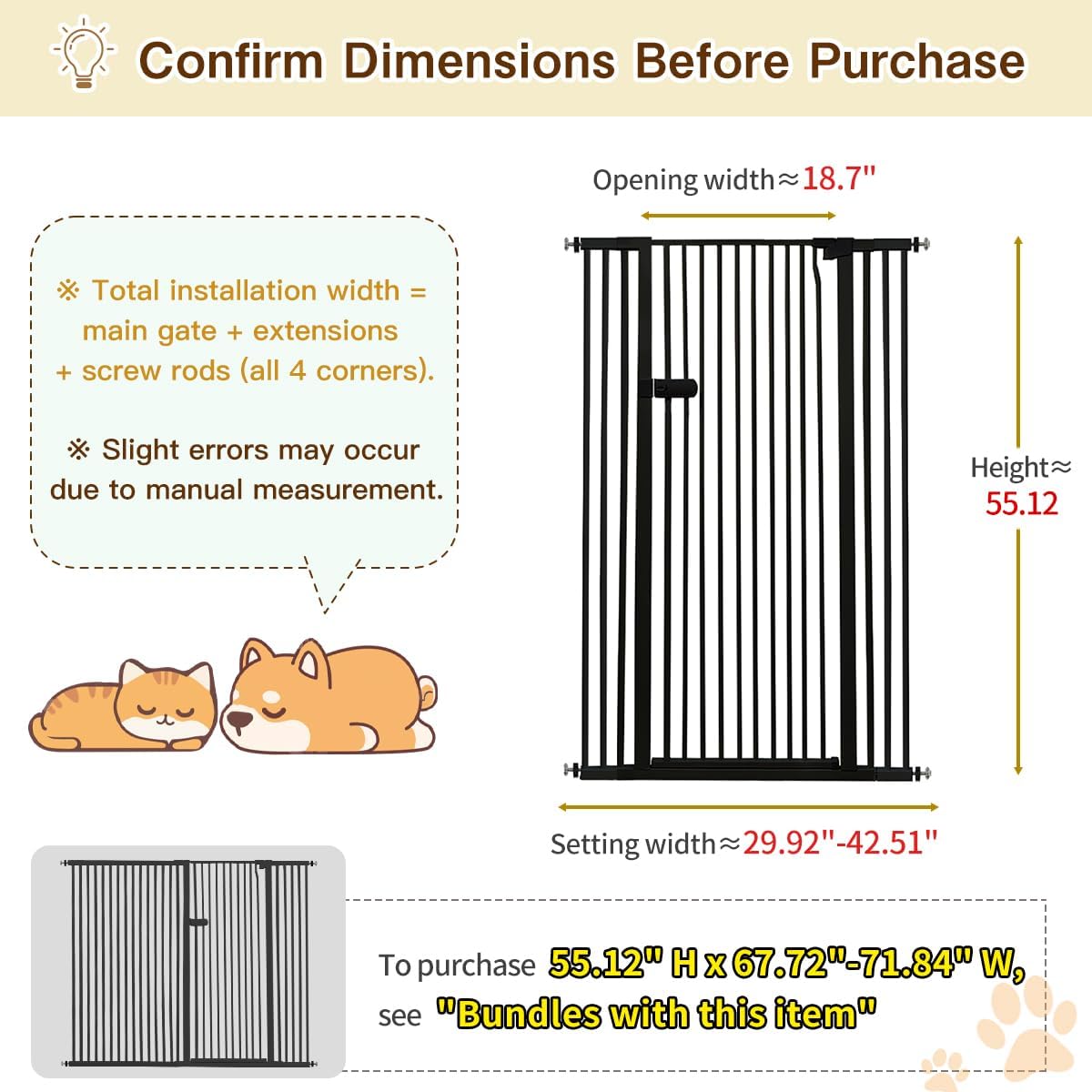 Extra Tall Cat Gate 55.12" High 26.18"-29.91" Wide Pet Gate Black | Dog Gate for Doorway Hallway Stairs Pressure Mounted Extra Wide 1.37" Gap No Drilling Auto-Close One-Handed Operation