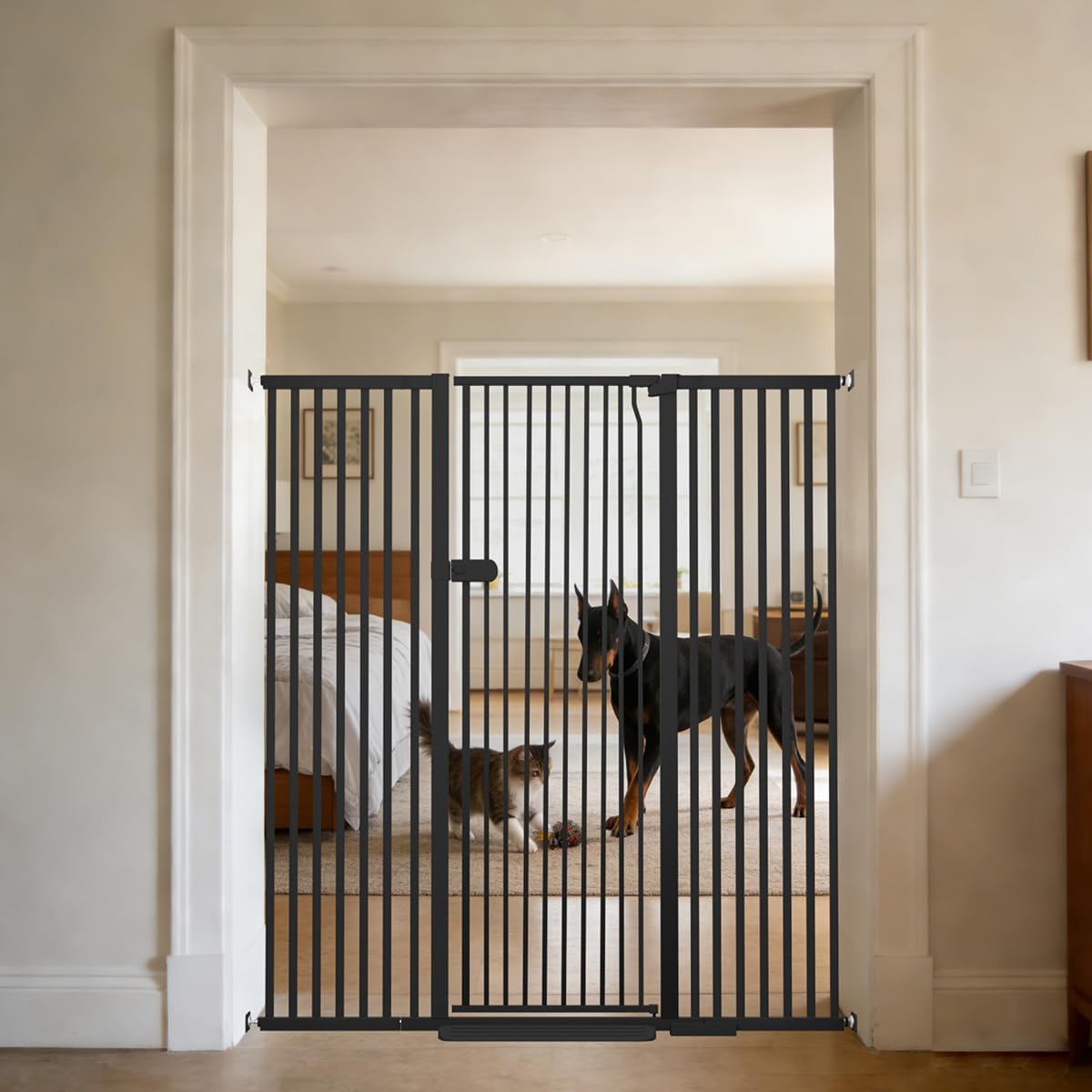 Extra Tall Cat Gate 55.12" High 26.18"-29.91" Wide Pet Gate Black | Dog Gate for Doorway Hallway Stairs Pressure Mounted Extra Wide 1.37" Gap No Drilling Auto-Close One-Handed Operation