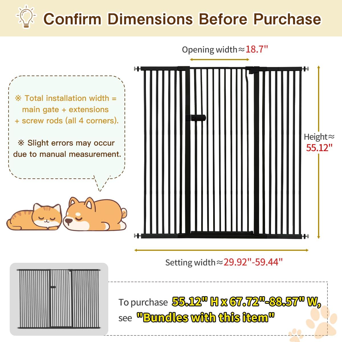 Extra Tall Cat Gate 55.12" High 26.18"-29.91" Wide Pet Gate Black | Dog Gate for Doorway Hallway Stairs Pressure Mounted Extra Wide 1.37" Gap No Drilling Auto-Close One-Handed Operation