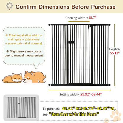 Extra Tall Cat Gate 55.12" High 26.18"-29.91" Wide Pet Gate Black | Dog Gate for Doorway Hallway Stairs Pressure Mounted Extra Wide 1.37" Gap No Drilling Auto-Close One-Handed Operation