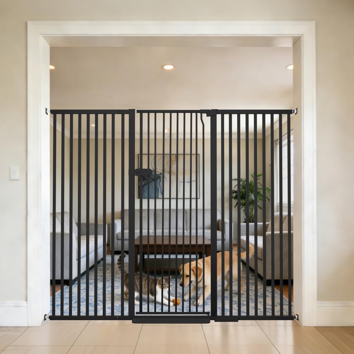 Extra Tall Cat Gate 55.12" High 26.18"-29.91" Wide Pet Gate Black | Dog Gate for Doorway Hallway Stairs Pressure Mounted Extra Wide 1.37" Gap No Drilling Auto-Close One-Handed Operation