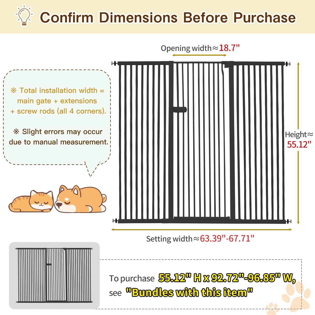 Extra Tall Cat Gate 55.12" High 26.18"-29.91" Wide Pet Gate Black | Dog Gate for Doorway Hallway Stairs Pressure Mounted Extra Wide 1.37" Gap No Drilling Auto-Close One-Handed Operation