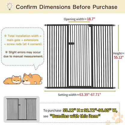 Extra Tall Cat Gate 55.12" High 26.18"-29.91" Wide Pet Gate Black | Dog Gate for Doorway Hallway Stairs Pressure Mounted Extra Wide 1.37" Gap No Drilling Auto-Close One-Handed Operation