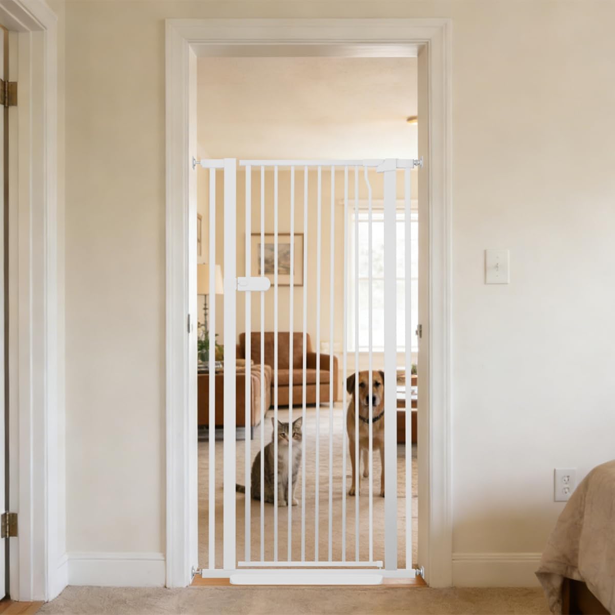 Extra Tall Cat Gate 55.12" High 26.18"-29.91" Wide Pet Gate Black | Dog Gate for Doorway Hallway Stairs Pressure Mounted Extra Wide 1.37" Gap No Drilling Auto-Close One-Handed Operation