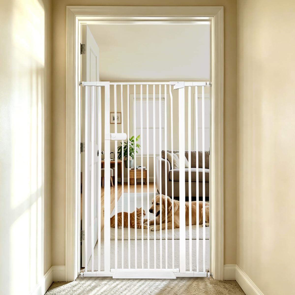 Extra Tall Cat Gate 55.12" High 26.18"-29.91" Wide Pet Gate Black | Dog Gate for Doorway Hallway Stairs Pressure Mounted Extra Wide 1.37" Gap No Drilling Auto-Close One-Handed Operation