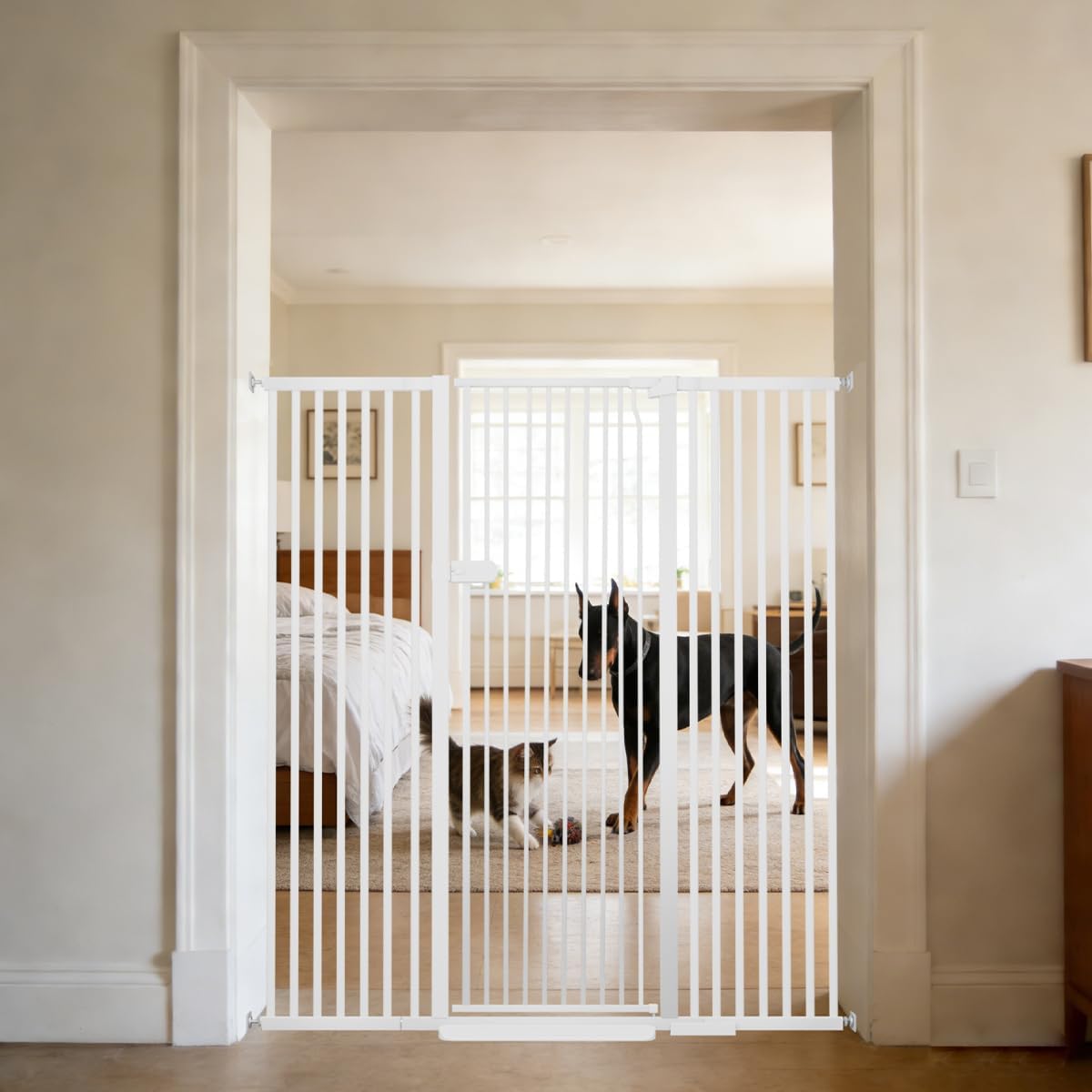 Extra Tall Cat Gate 55.12" High 26.18"-29.91" Wide Pet Gate Black | Dog Gate for Doorway Hallway Stairs Pressure Mounted Extra Wide 1.37" Gap No Drilling Auto-Close One-Handed Operation