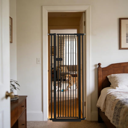Extra Tall Cat Gate 55.12" High 26.18"-29.91" Wide Pet Gate Black | Dog Gate for Doorway Hallway Stairs Pressure Mounted Extra Wide 1.37" Gap No Drilling Auto-Close One-Handed Operation